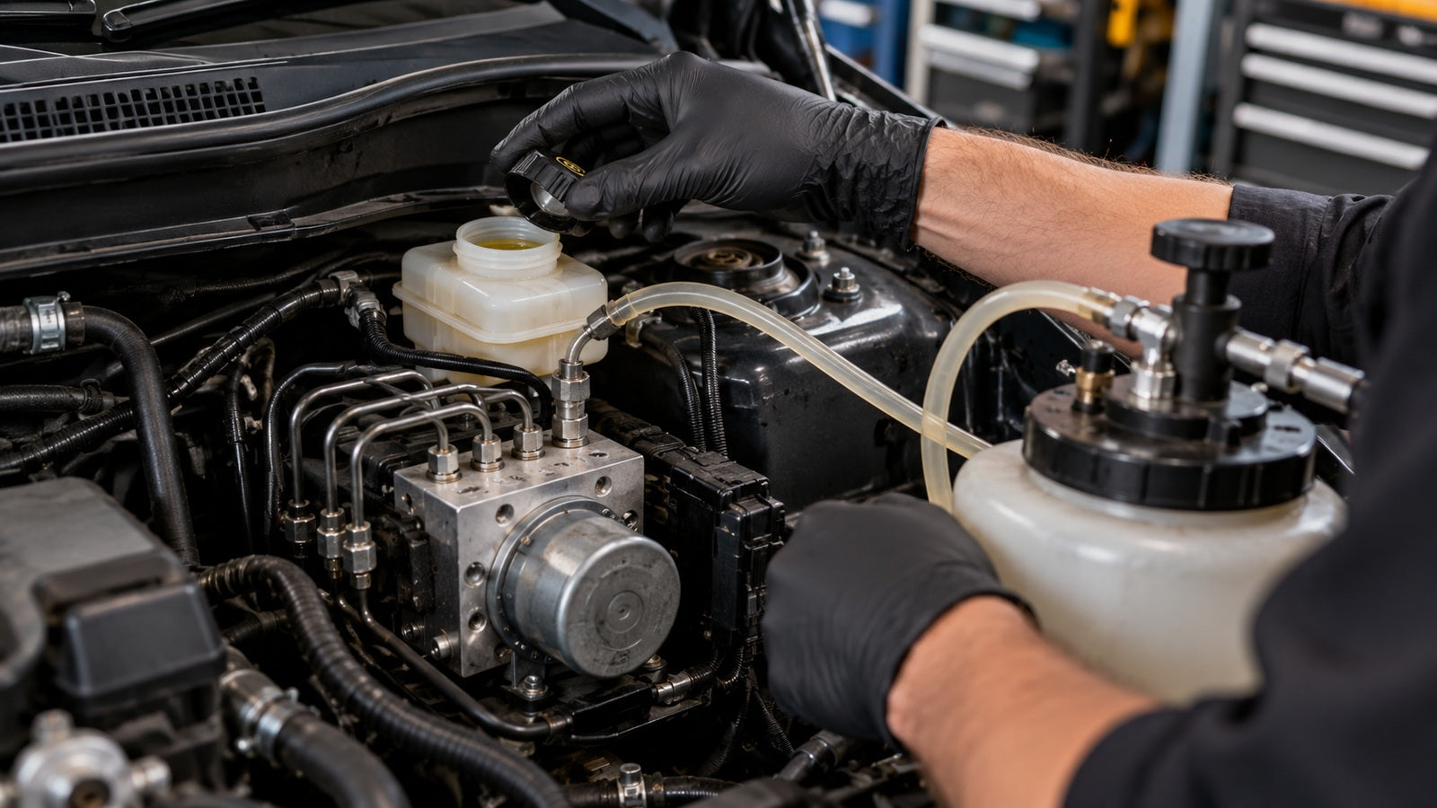 Mechanic carrying out brake-fluid and ABS hydraulic system service under an open bonnet