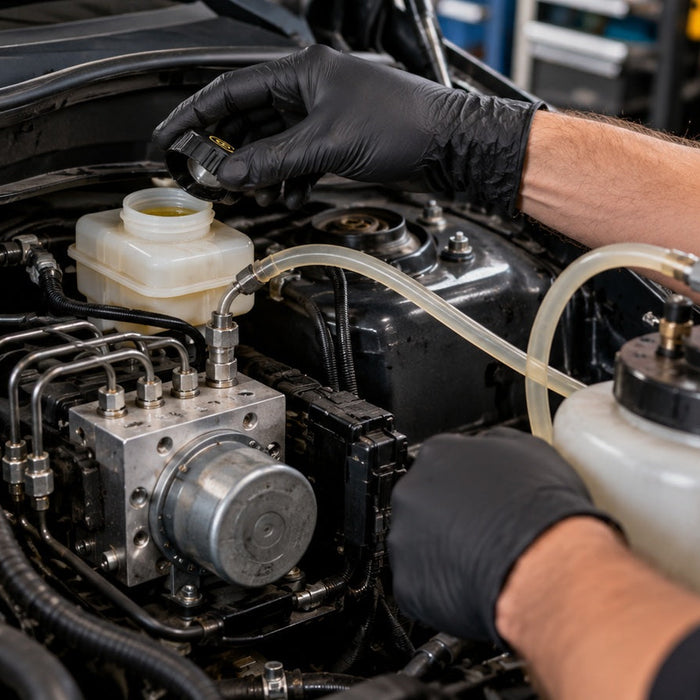 Mechanic carrying out brake-fluid and ABS hydraulic system service under an open bonnet