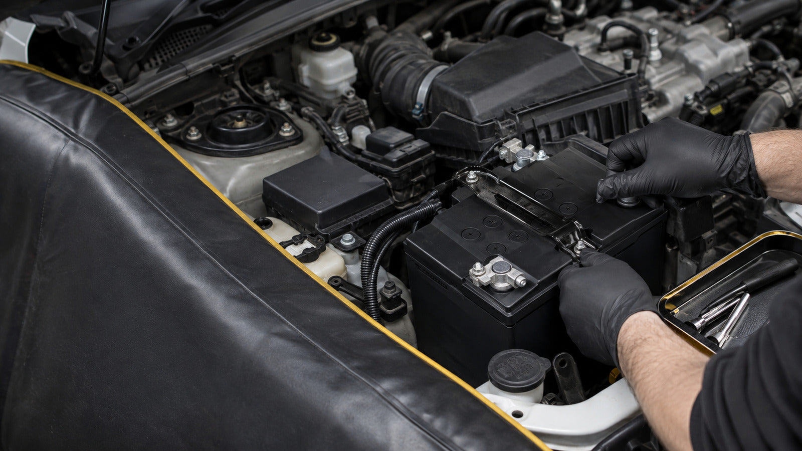 Technician fitting an AGM car battery before battery registration