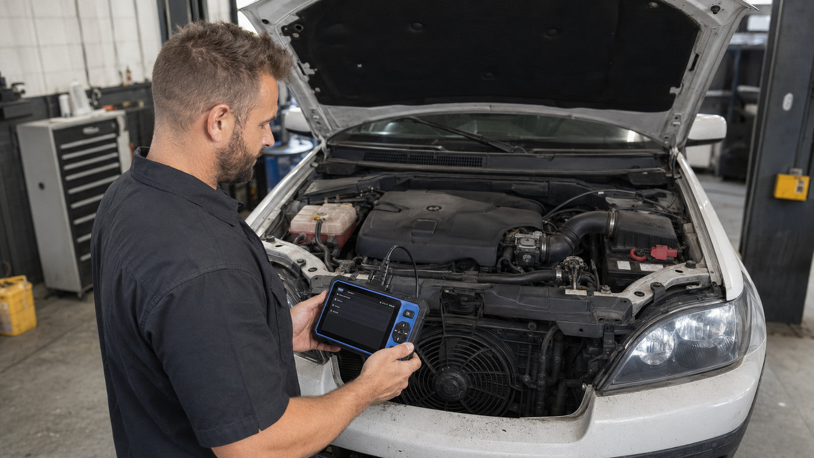 Mechanic using a bidirectional scan tool to active-test a vehicle cooling fan