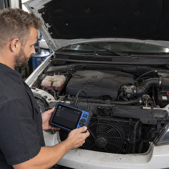 Mechanic using a bidirectional scan tool to active-test a vehicle cooling fan