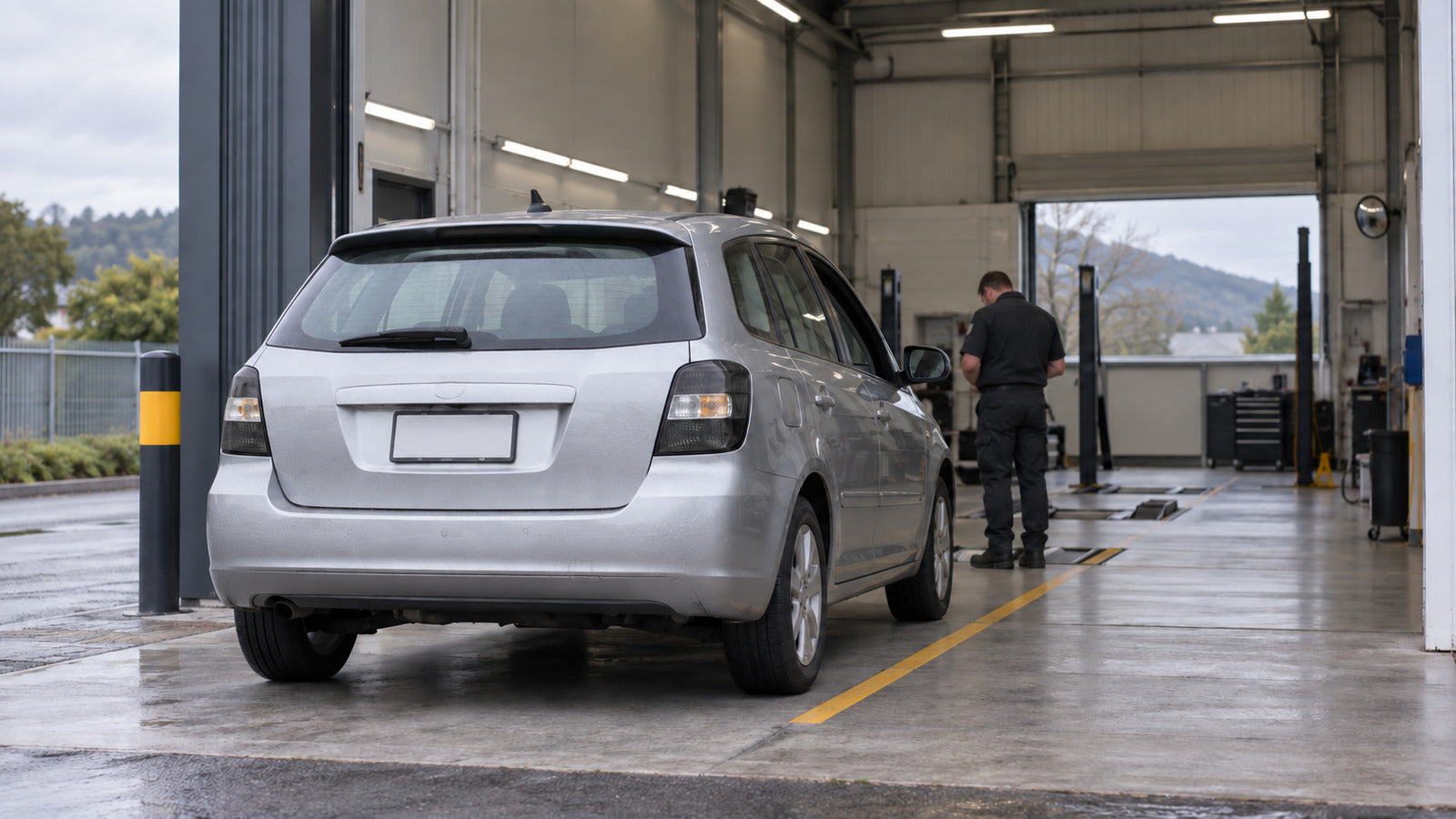 Car entering a New Zealand vehicle inspection bay with a restrained gold lane marking
