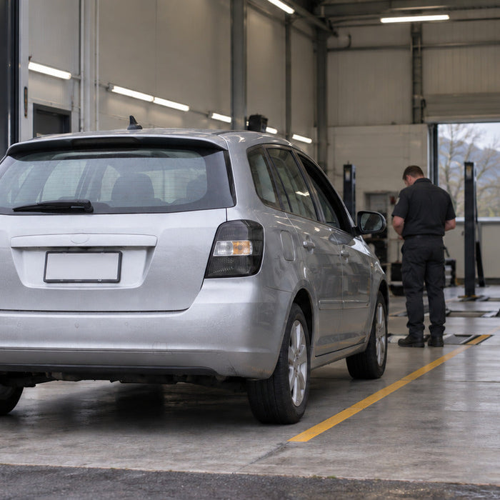 Car entering a New Zealand vehicle inspection bay with a restrained gold lane marking