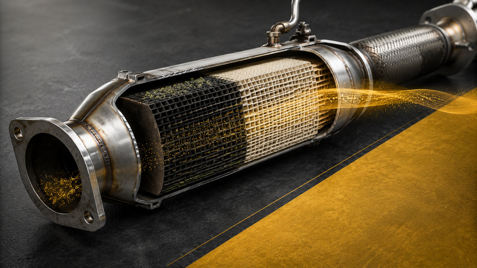 Cutaway diesel particulate filter showing soot loading and gold regeneration airflow