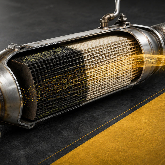 Cutaway diesel particulate filter showing soot loading and gold regeneration airflow