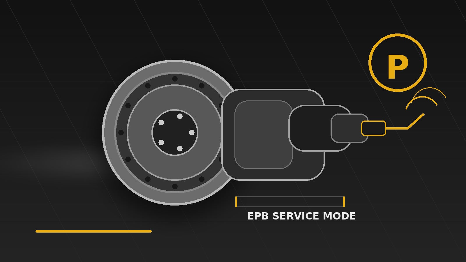 Electronic parking brake caliper and rotor graphic showing EPB service mode