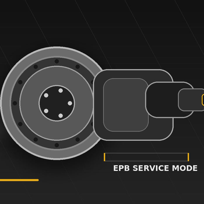 Electronic parking brake caliper and rotor graphic showing EPB service mode