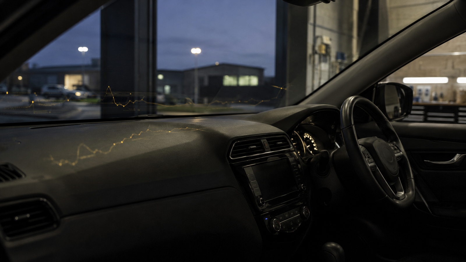 Right-hand-drive vehicle dashboard with subtle gold waveform reflections representing diagnostic live data
