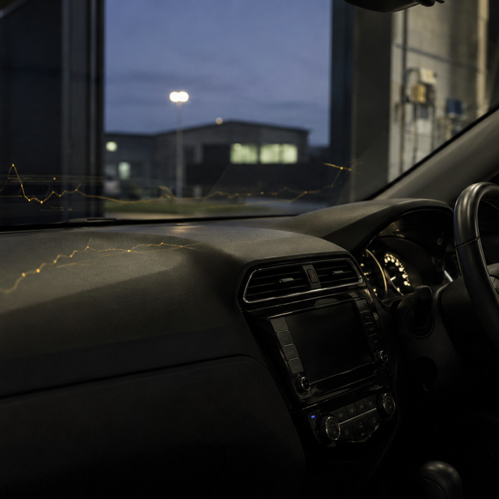 Right-hand-drive vehicle dashboard with subtle gold waveform reflections representing diagnostic live data