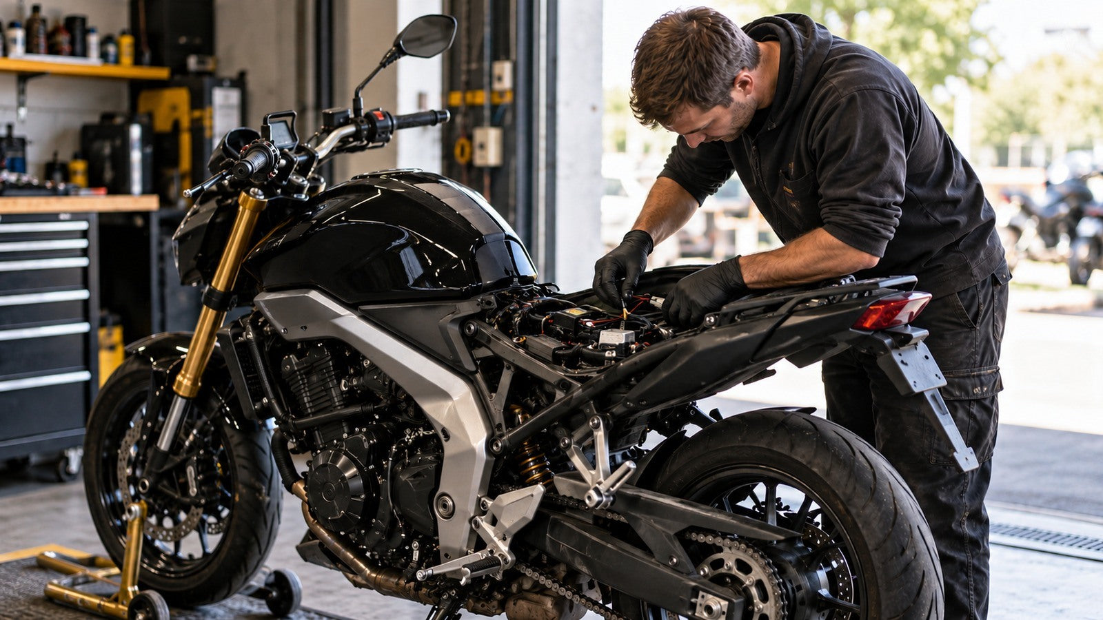 Mechanic checking wiring under the seat of a modern motorcycle during diagnostic work in a daylight workshop.