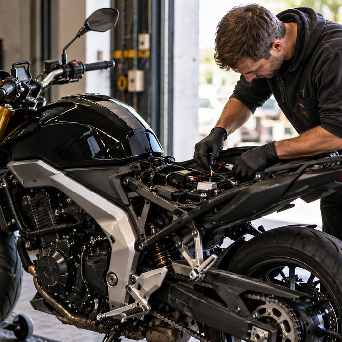 Mechanic checking wiring under the seat of a modern motorcycle during diagnostic work in a daylight workshop.