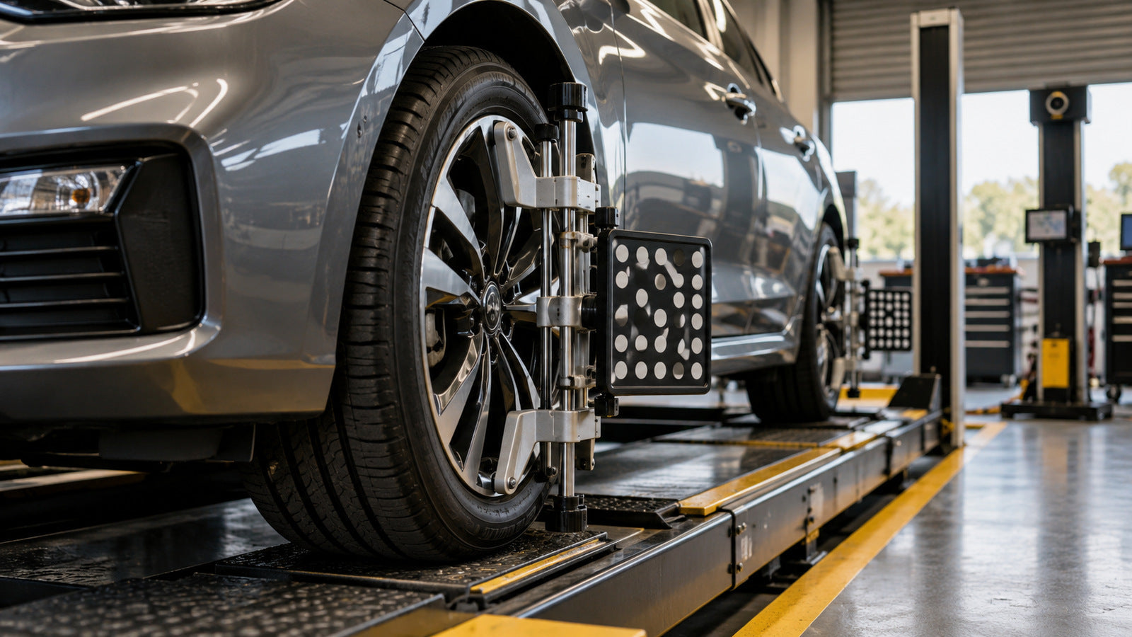 Front wheel of a car on a workshop alignment rack with wheel alignment sensor target fitted