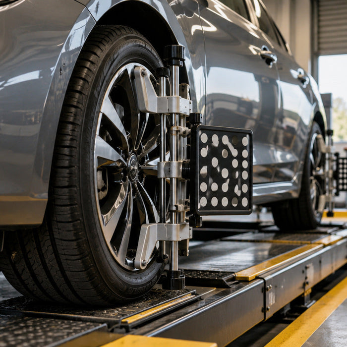 Front wheel of a car on a workshop alignment rack with wheel alignment sensor target fitted
