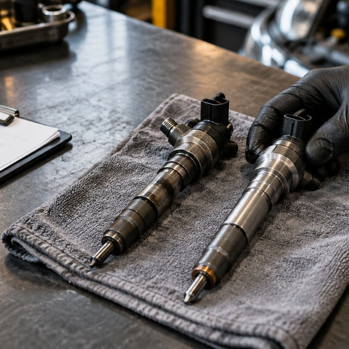 Old and replacement common-rail diesel injectors being compared on a workshop bench