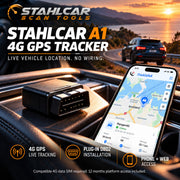 Stahlcar A1 4G GPS vehicle tracker overview with live location, OBD2 plug-in installation and phone or web access. Separate 4G SIM required.