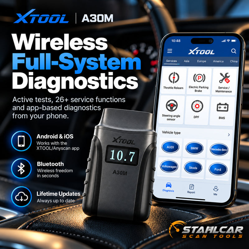 XTOOL A30M wireless full-system diagnostics with active tests, service functions and Android iOS app support