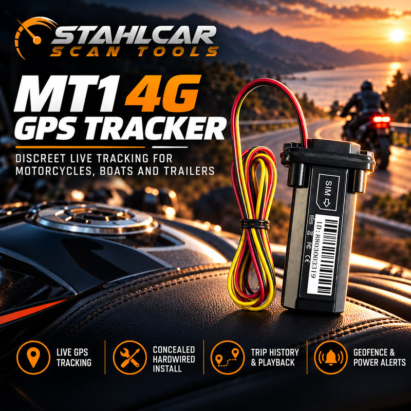 Stahlcar MT1 hardwired 4G GPS tracker for motorcycles, boats and trailers, with live location, trip history and alerts.
