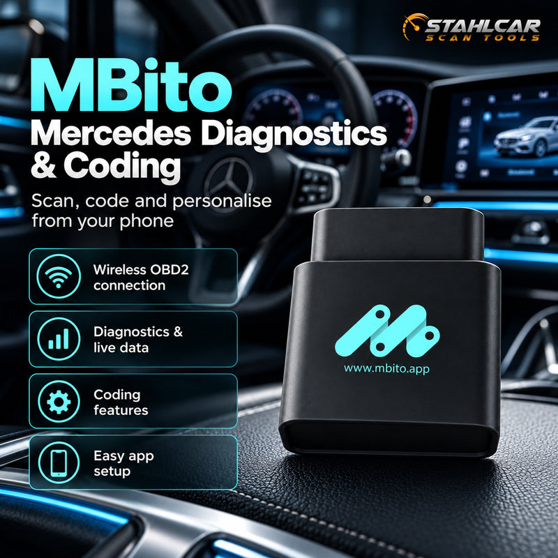 MBito Mercedes-Benz diagnostics and coding overview with turquoise-logo black diagnostic device