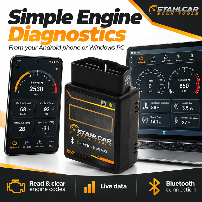 Stahlcar ST400 Bluetooth OBD2 diagnostic tool for basic engine diagnostics with Android and Windows