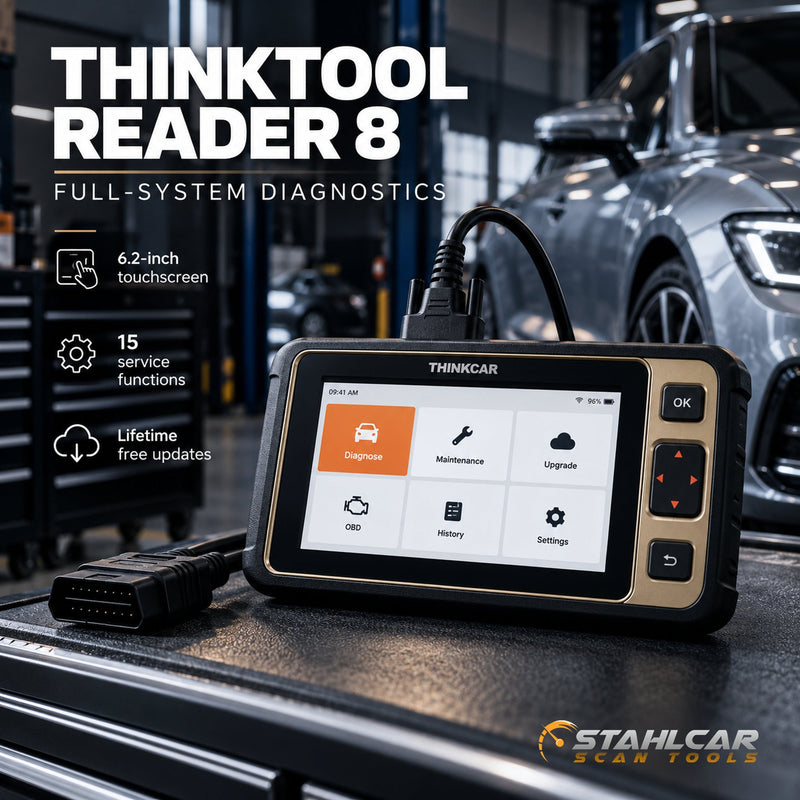 Thinkcar Reader 8 6.2-inch touchscreen overview with 15 service functions and lifetime software updates