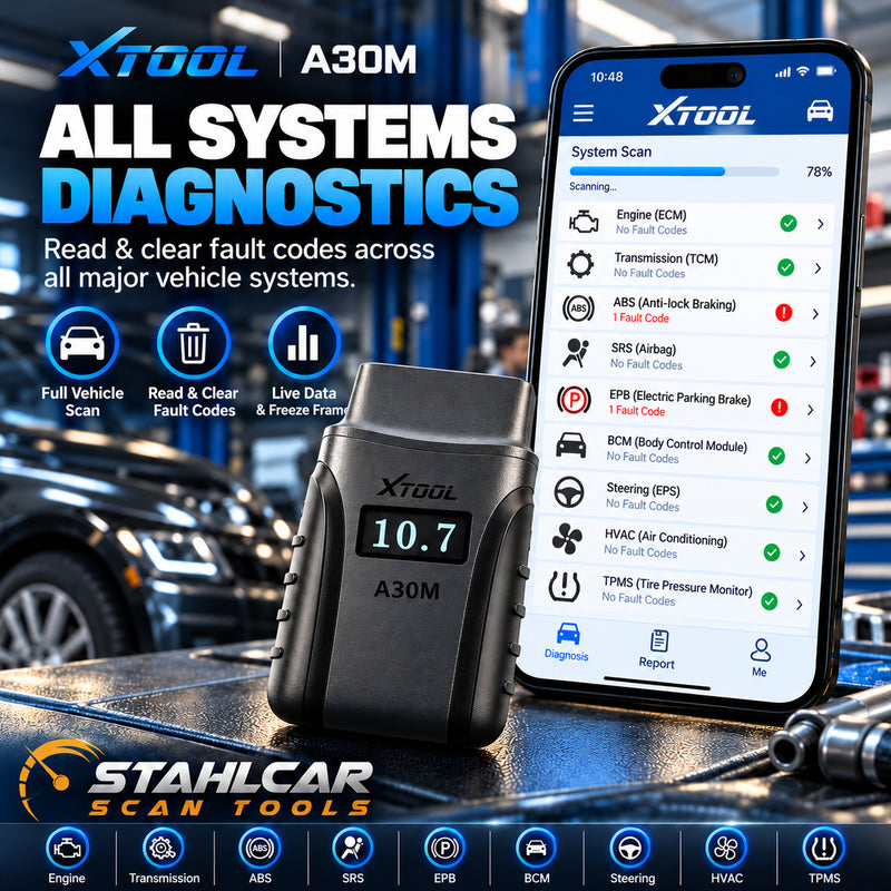 XTOOL A30M all-systems diagnostics for supported engine, transmission, ABS, airbags and vehicle control modules