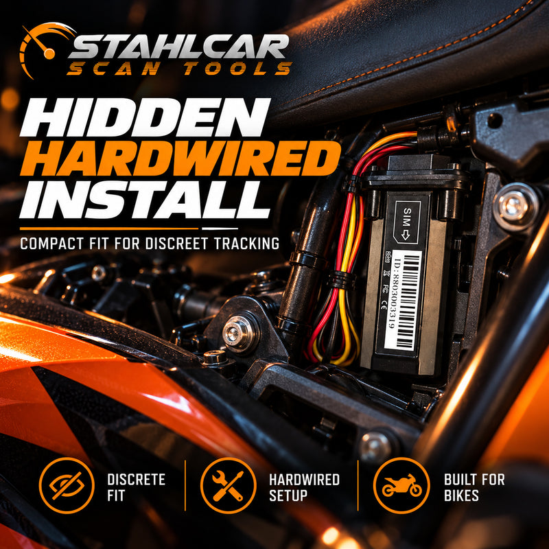 Stahlcar MT1 compact tracker installed discreetly beneath motorcycle bodywork, with permanent 12V hardwired power.