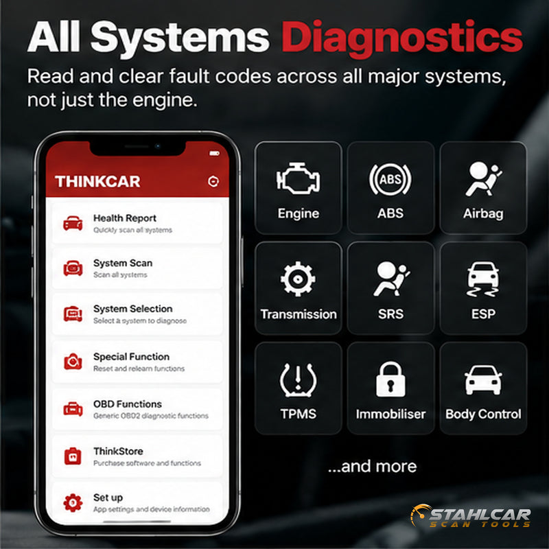 ThinkDiag all-systems diagnostics including supported engine, ABS, airbags, transmission and body control modules
