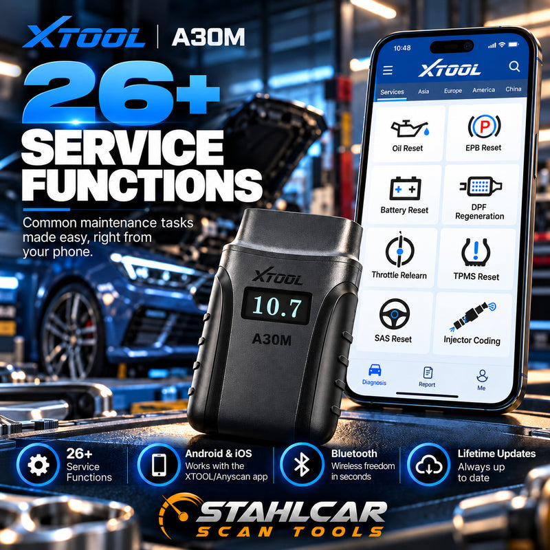 XTOOL A30M 26 plus service and maintenance functions including oil reset, EPB, SAS, DPF and battery registration where supported