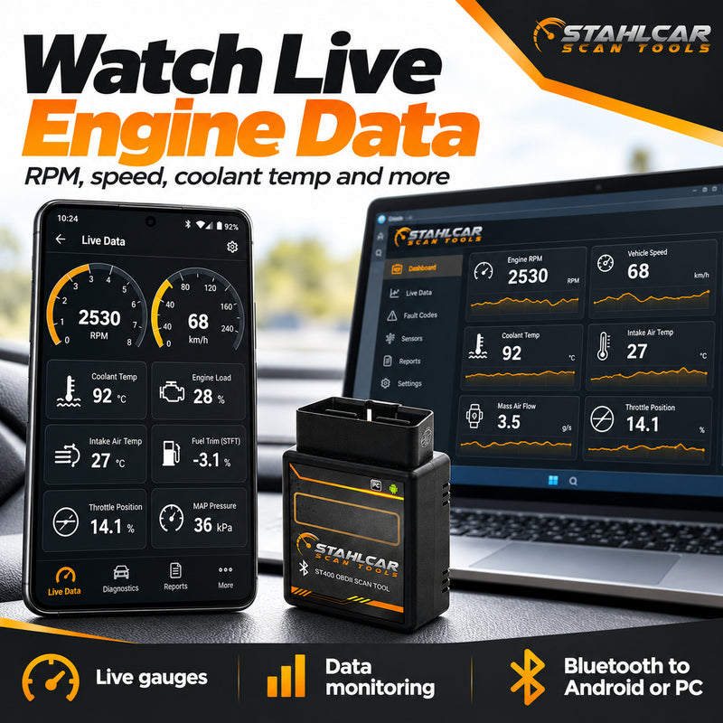 Stahlcar ST400 Bluetooth live engine data including RPM vehicle speed and coolant temperature