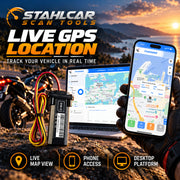 Stahlcar MT1 live GPS location using the iTrackSafeX phone app and web tracking platform with white and blue map views.