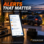 Stahlcar A1 geofence, speed and unplug alert features illustrated using an iTrackSafeX-style phone display.