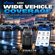 XTOOL A30M broad European, Asian and American light-vehicle coverage with vehicle-specific functions