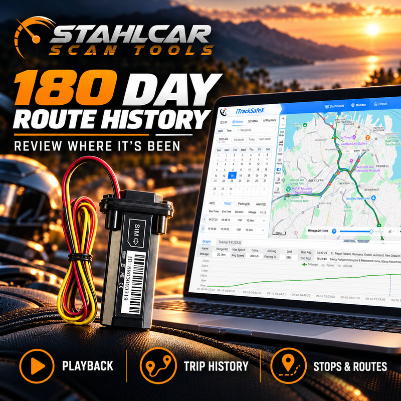 Stahlcar MT1 up to 180 days of GPS trip history and route playback through the iTrackSafeX web platform.