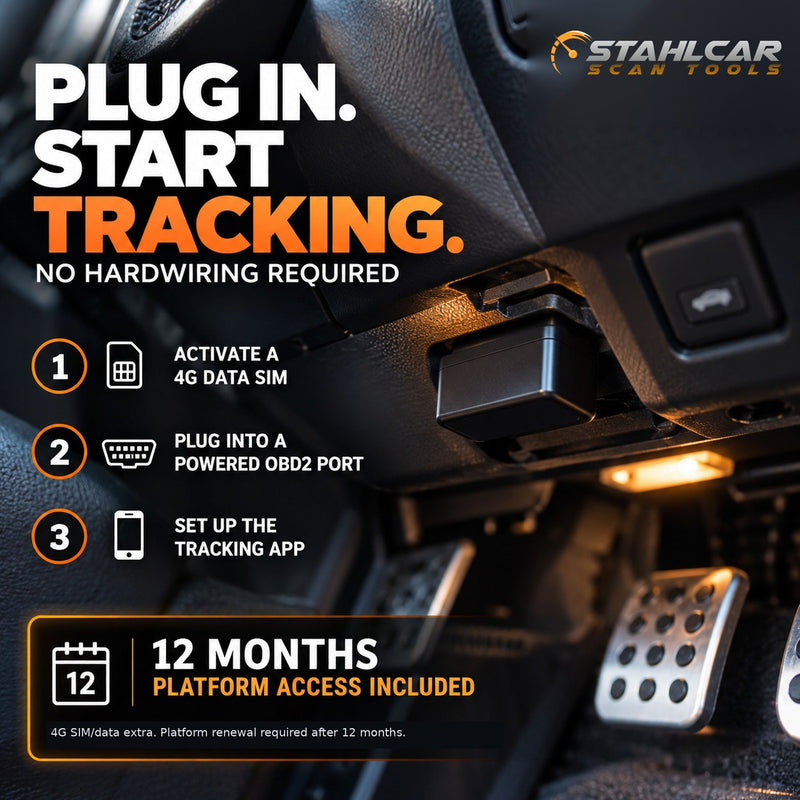 Stahlcar A1 installation in powered OBD2 port, compatible 4G SIM supplied separately and 12 months of tracking platform access included.