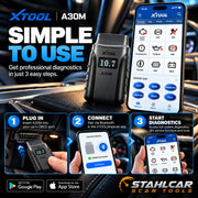 XTOOL A30M simple wireless setup: plug into OBD2, connect by Bluetooth and diagnose through the Anyscan app