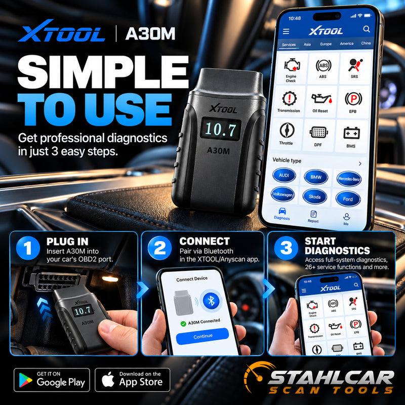 XTOOL A30M simple wireless setup: plug into OBD2, connect by Bluetooth and diagnose through the Anyscan app