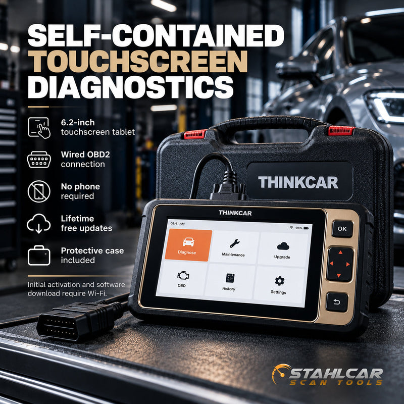 Thinkcar Reader 8 self-contained 6.2-inch touchscreen scanner with wired OBD2 connection and lifetime included passenger-vehicle updates