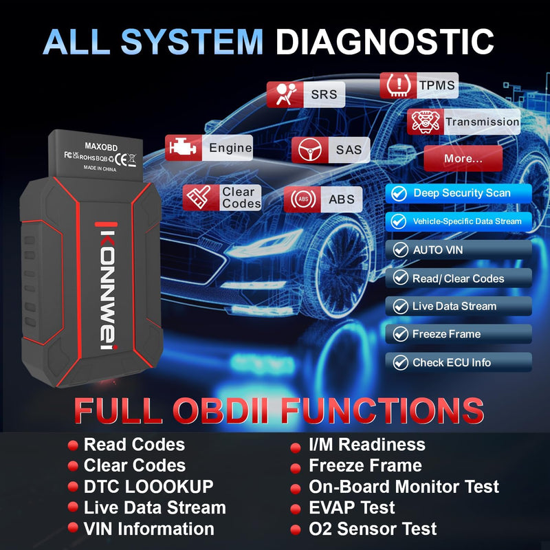 Konnwei MaxOBD Multi Makes-All Systems Scan Tool for Android/iOS