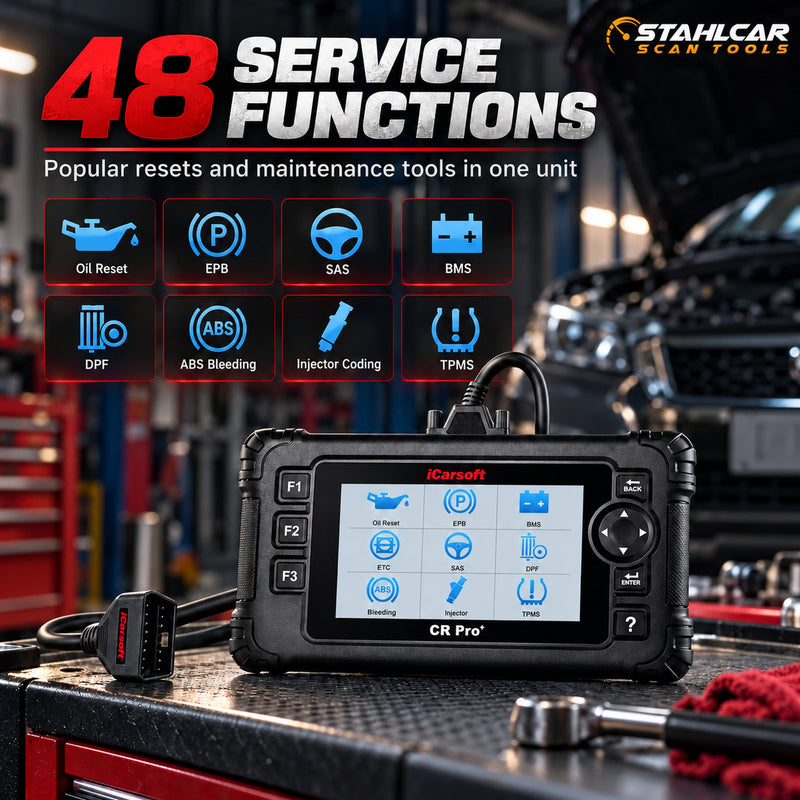 iCarsoft CR Pro+ 48 service functions including oil reset, EPB, BMS, SAS and ABS bleeding
