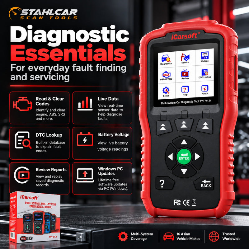 iCarsoft TYT V1.0 diagnostic essentials: live data, fault codes, voltage readings, reports and updates