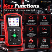iCarsoft TYT V1.0 key functions: full-system diagnostics, AutoVIN, CAN-FD, oil and SAS reset