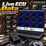 Live Nissan ECU sensor data with engine RPM, temperature, battery voltage and timing