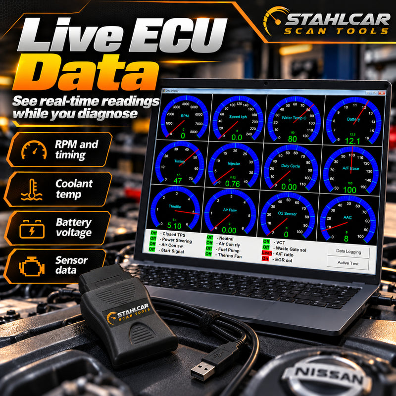 Live Nissan ECU sensor data with engine RPM, temperature, battery voltage and timing